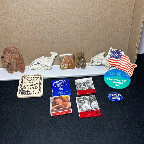 Assortment Lot of rare pins, matches and magnets